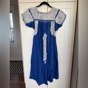 Vintage Handmade Blue Dress with White Embroidery